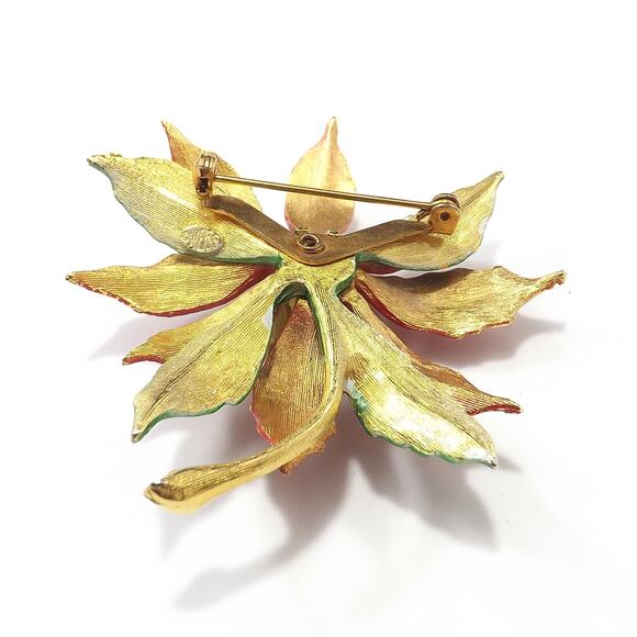 Weiss Poinsettia Brooch, Gold Plated Red Enamel, 1950s Vintage Jewelry - Picture 9 of 10